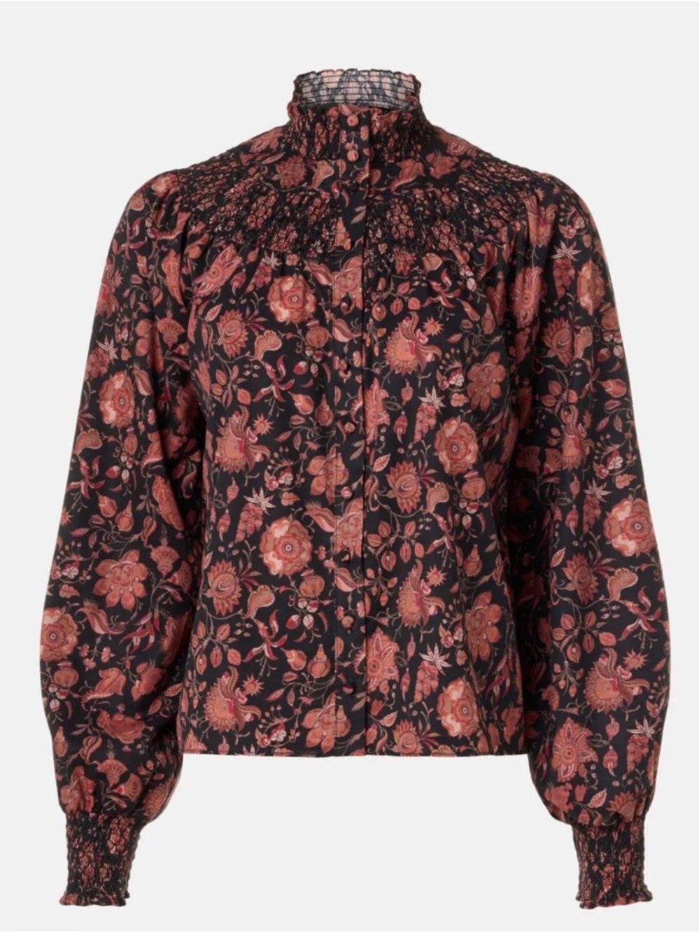 Derek Lam Smocked High-Neck Floral Top